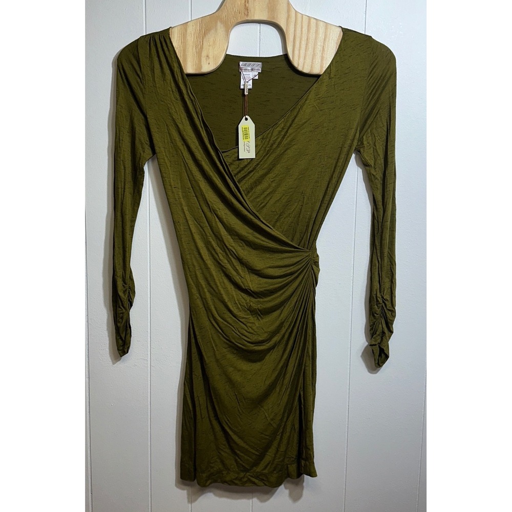 MSSP Max Studio Olive Green Ruched Faux Wrap Mini Dress Long Sleeve Space Dye M‎